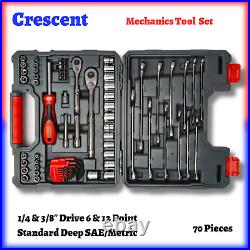 70P Mechanics Tool Set w Case 1/4 & 3/8 Drive 6 &12P Standard Deep SAE/Metric