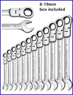 8-19mm Steel Metric Ratcheting Combination Wrench 180° Swivel Head Box Set Tools