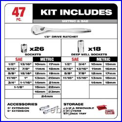 Milwaukee Ratchet Socket Mechanics Tool Set 1/2 In. Drive SAE Metric 47 Piece