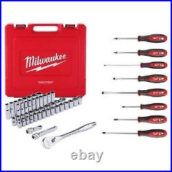 Milwaukee Ratchet + Socket Mechanics Tool Set 1/2 Metric with Screwdriver(55-Pcs)