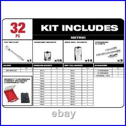 Milwaukee Ratchet Socket Mechanics Tool Set 3/8 Drive Metric PACKOUT Case 32 Pc